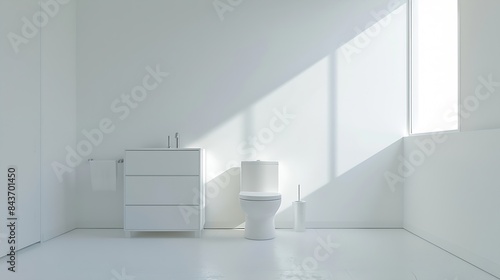 Interior of white restroom with toilet bowl and chest of drawers   Generative AI