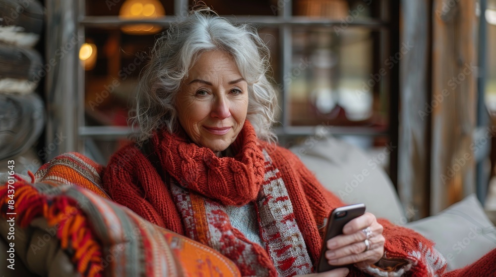 Elderly woman wrapped in a red scarf sitting comfortably with a smartphone in her hands Elderly woman wrapped in a red scarf sitting comfortably with a smartphone in her hands