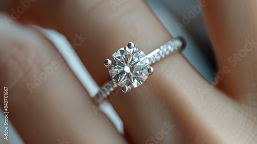 A Sparkling Promise: A Close-Up of a Diamond Engagement Ring on a Finger. Generative AI © nataliya_ua