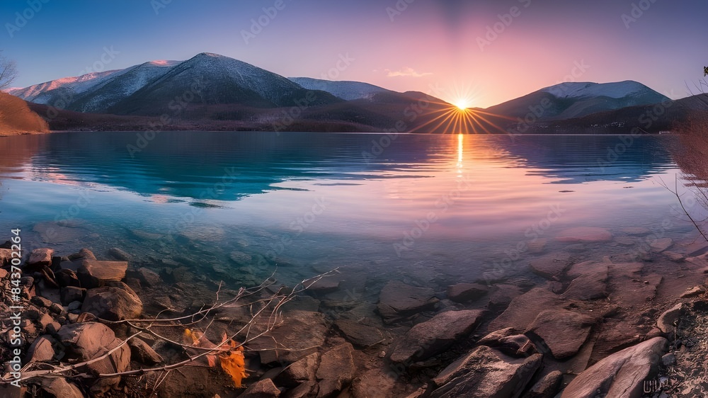 Obraz premium Mountain Tranquility Warm Hues Over a Serene Lakeside Panorama