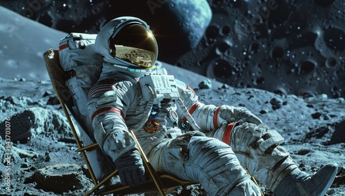 The astronaut reclines in a foldable chair, a moment of respite amidst the grandeur of the universe. photo