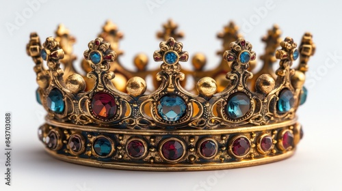 Gold crown with blue and red gemstones isolated on white background