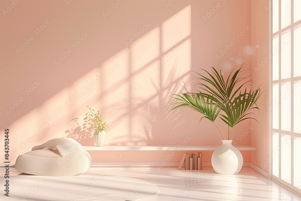 Minimalist Peach Haven: A Photorealistic Interior with Pastel Palette, White Flooring, and a Touch of Greenery Minimalist Peach Haven: A Photorealistic Interior with Pastel Palette, White Flooring, and a Touch of Greenery