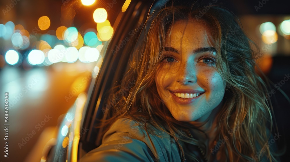 A Nighttime Cityscape Portrait of a Smiling Woman in a Car. Generative AI A Nighttime Cityscape Portrait of a Smiling Woman in a Car. Generative AI