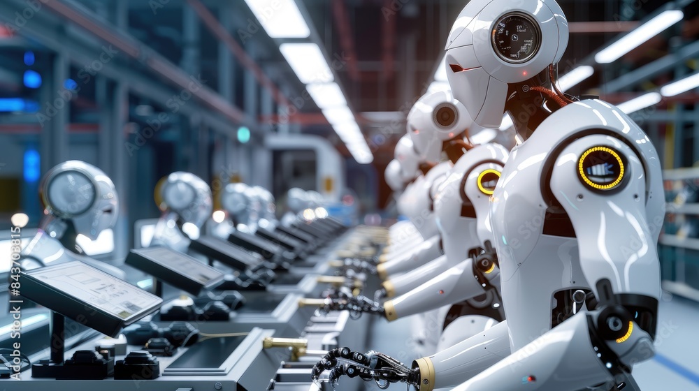 Fototapeta premium Robotics technology, industrial machinery, AI, automated systems, manufacturing robots, production efficiency, smart factory, engineering 