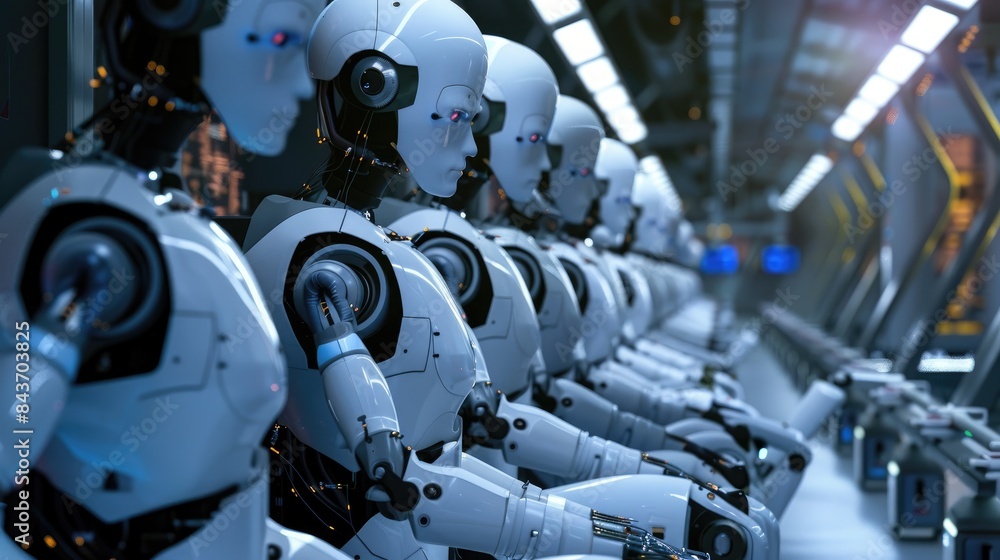 Fototapeta premium Robotics technology, industrial machinery, AI, automated systems, manufacturing robots, production efficiency, smart factory, engineering 