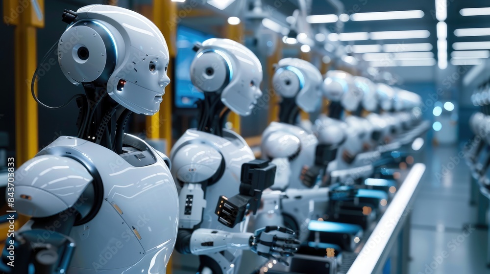 Fototapeta premium AI manufacturing, robotic assembly, factory automation, industrial robots, smart systems, production line, technology, efficiency, engineering