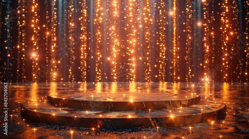 Image depicts a 3D-rendered stage with circular shape emitting golden light, with a dark, sparkling background