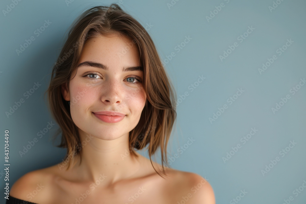 A close up portrait of a young woman with a subtle smile A close up portrait of a young woman with a subtle smile