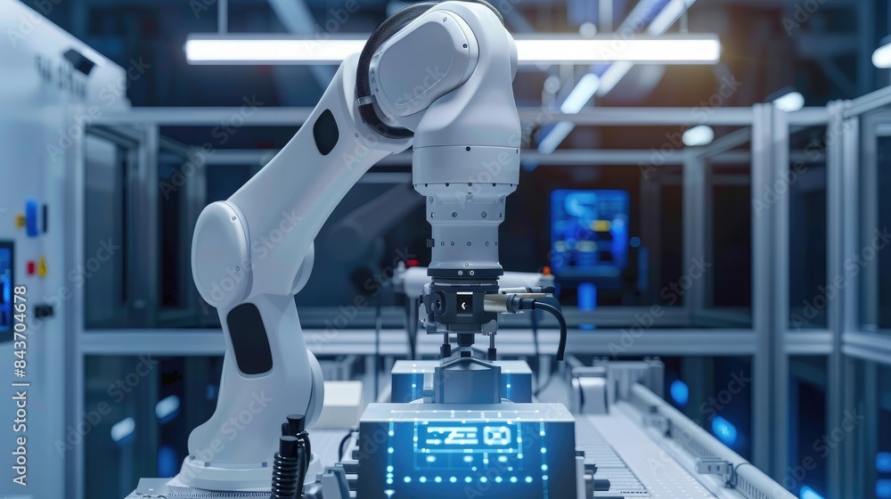 Fototapeta premium Smart manufacturing, robotic automation, industry 4.0, production line, AI integration, technology, robotics, efficiency, engineering, innovation
