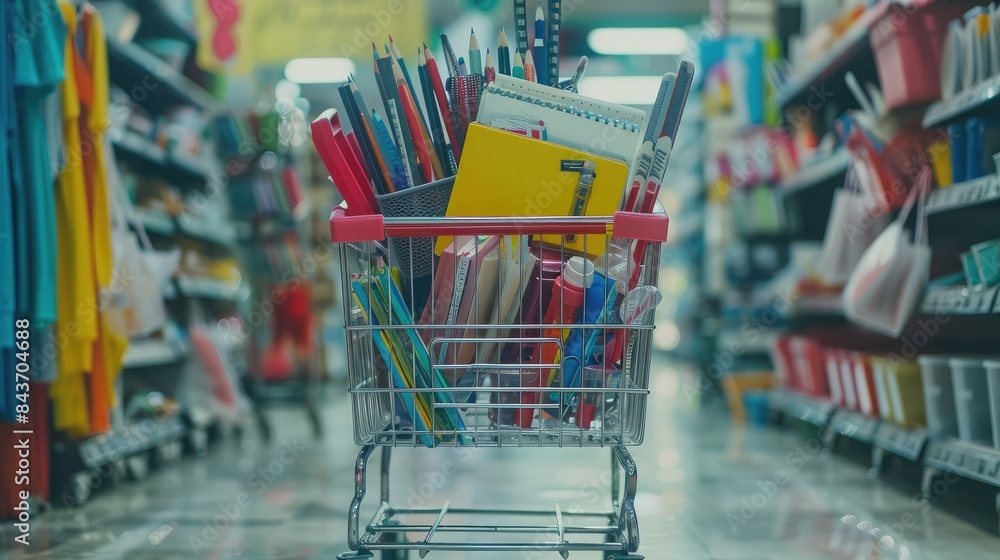 Back to school shopping with a cart full of supplies like notebooks, pens, and rulers Back to school shopping with a cart full of supplies like notebooks, pens, and rulers
