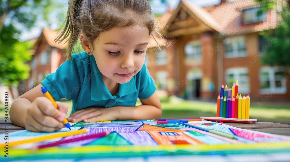 Child drawing a picture of their school on the first day back, filled with excitement