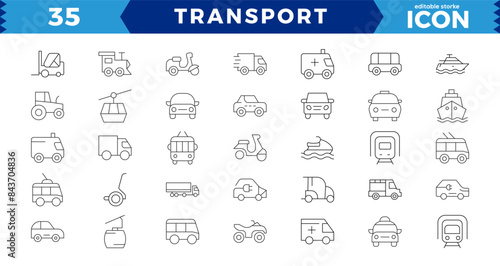 Transport thin line icons set. Transport editable stroke icons collection.in modern thin line style of transport icons types: taxi, train, helicopter, bus, ship, plane,Editable stroke.