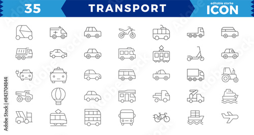 Transport thin line icons set. Transport editable stroke icons collection.in modern thin line style of transport icons types: taxi, train, helicopter, bus, ship, plane,Editable stroke.