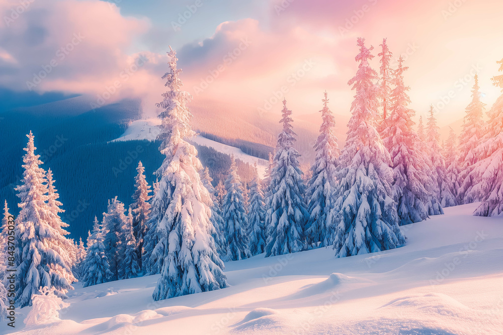 Impressive winter morning in Carpathian mountains with snow covered fir trees. Colorful outdoor scene, Happy New Year celebration concept.
