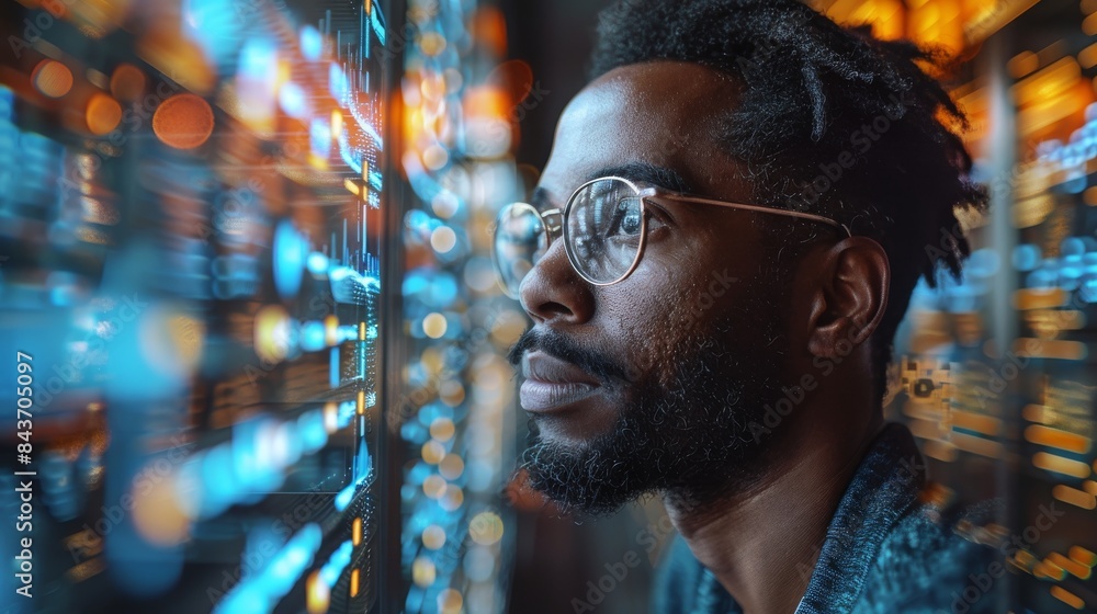 An image of a person examining complex data on several monitors, focusing on the task An image of a person examining complex data on several monitors, focusing on the task