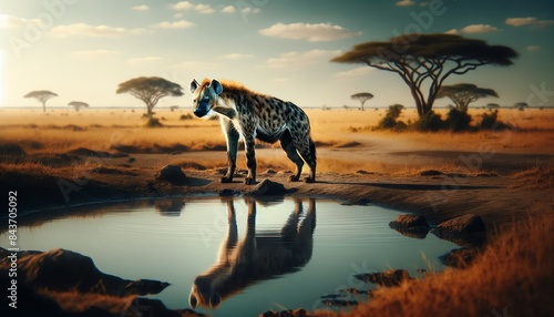 A Spotted hyena standing by a waterhole in a savannah landscape