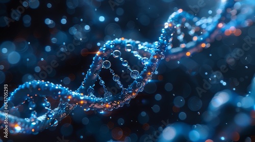 A mesmerizing depiction of DNA strands, surrounded by realistic water bubbles and light