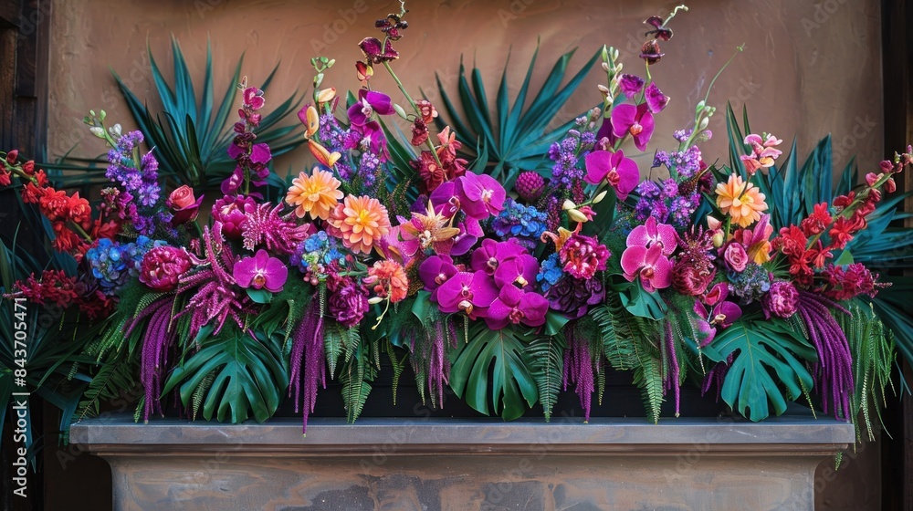 Fototapeta premium Tropical flowers in shades of fuchsia, purple, and turquoise cascade down the sides of the podium, creating a striking and memorable display.