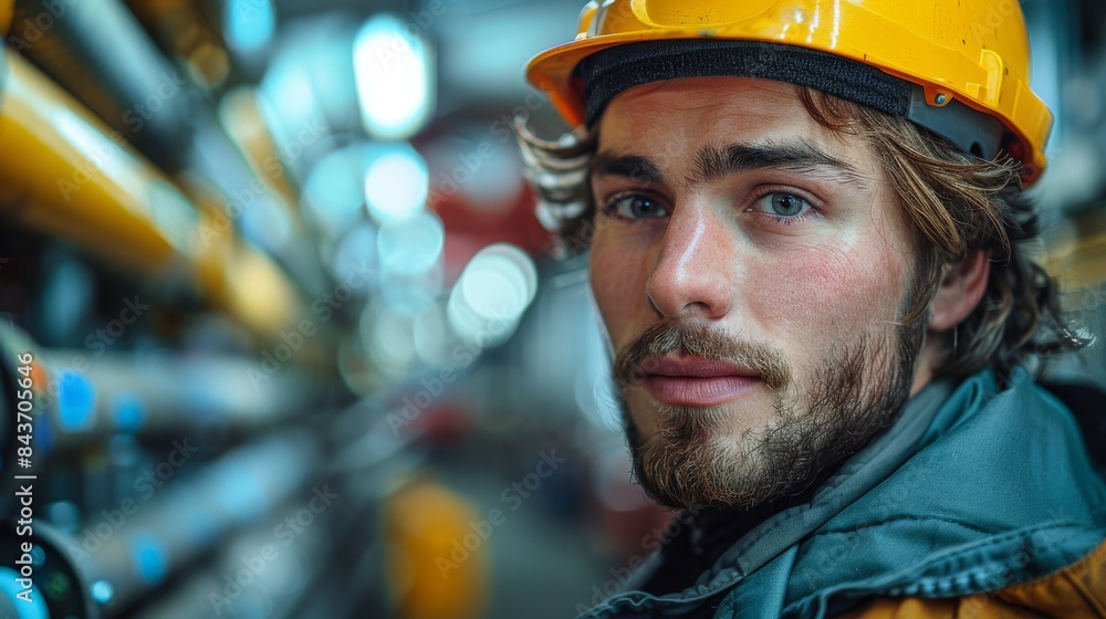 A young man with beard and helmet looks ahead with a serious expression in an industrial environment A young man with beard and helmet looks ahead with a serious expression in an industrial environment