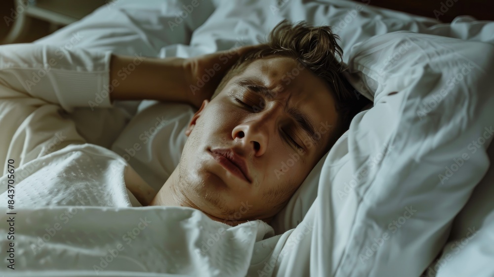 Unhappy man with a headache lying in a bed indoors Unhappy man with a headache lying in a bed indoors