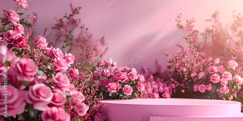 A vase with pink flowers on a table in a room with a round window and a pink wall with a white.A pink wall with flowers and a pink background.   © fadii