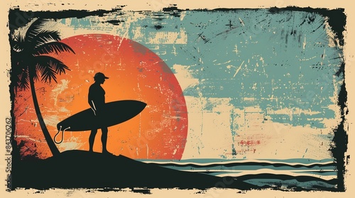 Vintage retro poster of a surfer with a surf board  in tropical beach