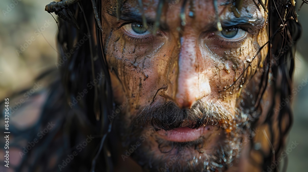 A Mans Determination: A Close-Up Portrait of a Mud-Covered Individual Gazing Intensely. Generative AI A Mans Determination: A Close-Up Portrait of a Mud-Covered Individual Gazing Intensely. Generative AI