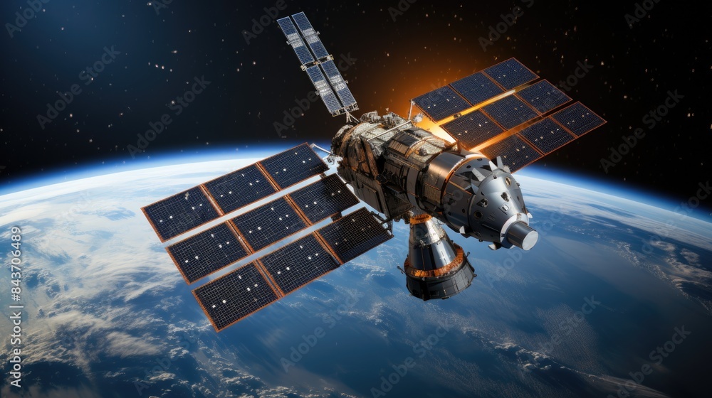 Fototapeta premium Satellite orbiting over Earth in space