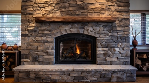 Cozy stone fireplace with burning fire photo
