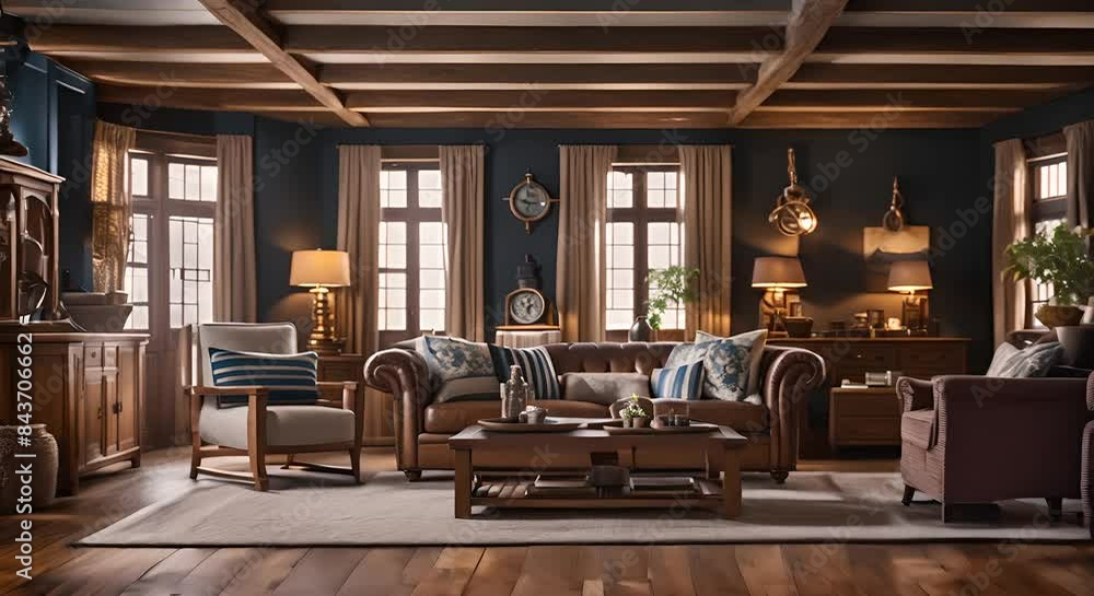 Rustic elaborate living room with nautical decorations on the walls Rustic elaborate living room with nautical decorations on the walls