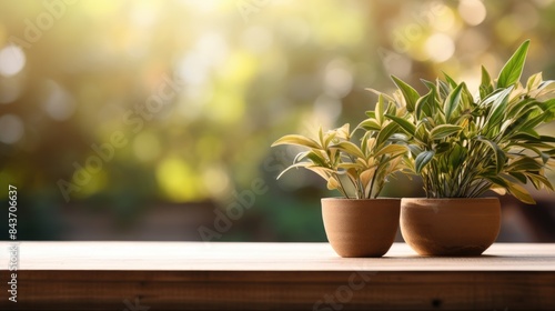 Wooden table top with pot plants blurred background for products © Lubos Chlubny