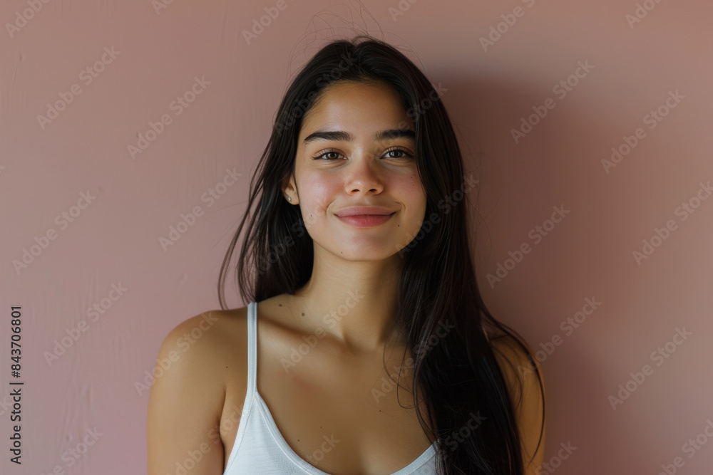 A close up portrait of a young woman with a subtle smile A close up portrait of a young woman with a subtle smile