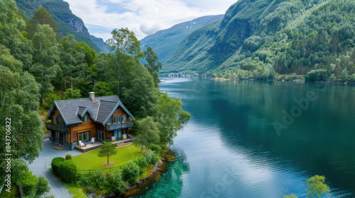Scandinavian house in remote area near the lake of fjord © Kondor83
