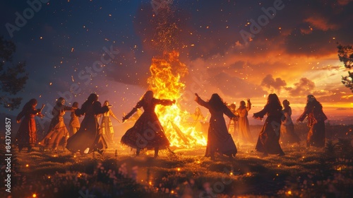 People dancing around a bonfire at night photo