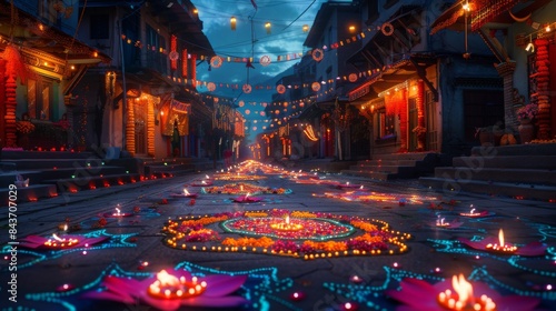 The colorful and vibrant street is decorated with lights and flowers. The street is lined with shops and restaurants. photo