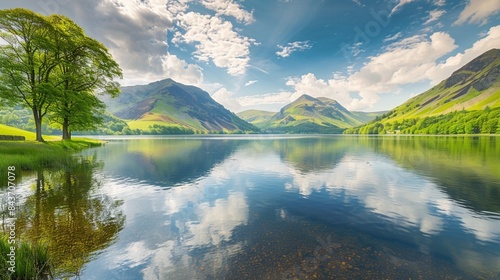 Beautiful morning panorama of Buttermere lake in the Lake District.  photo