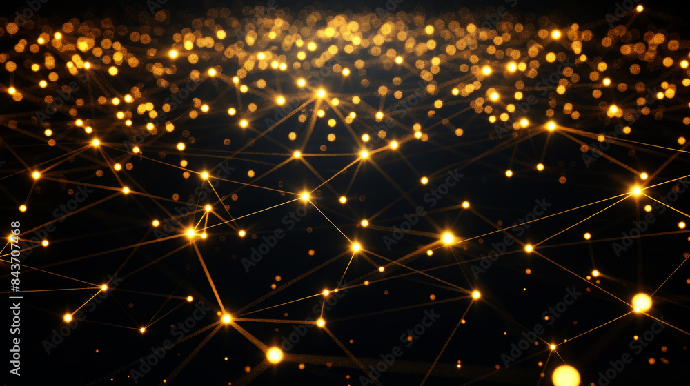 Mesh of interconnected golden yellow glowing dots and lines, molecular structure Mesh of interconnected golden yellow glowing dots and lines, molecular structure