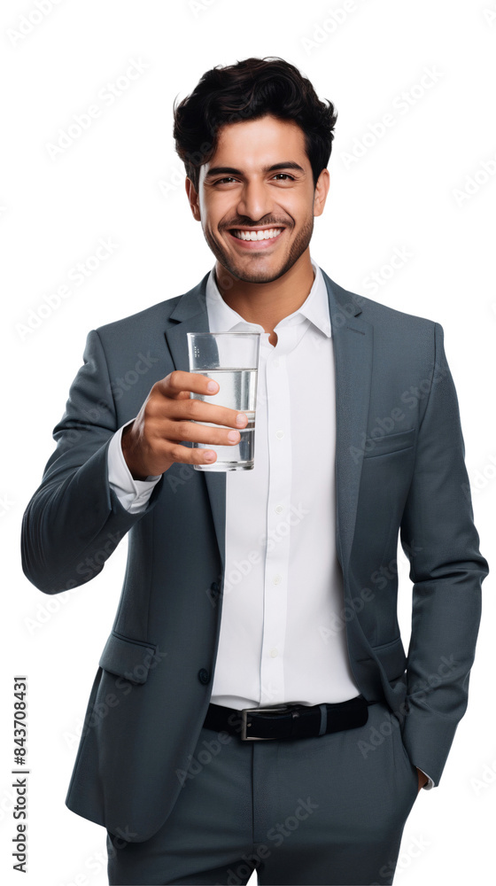 Portrait of a smiling businessman holding a glass of water, isolated on transparent background Portrait of a smiling businessman holding a glass of water, isolated on transparent background