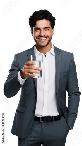 Portrait of a smiling businessman holding a glass of water, isolated on transparent background © The Stock Guy