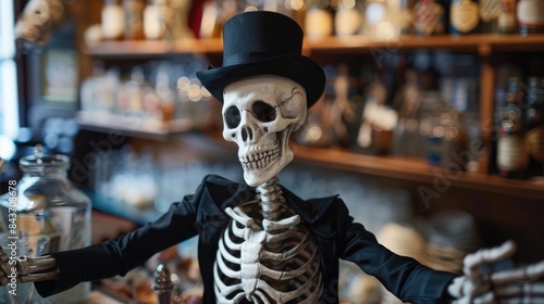 Meet Skeleton Buddy this dapper skeleton chap is extending a warm invitation and guiding you towards something special photo
