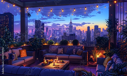 a rooftop terrace with a city view at dusk. Use vibrant colors and detailed illustrations to showcase the outdoor lounge area, complete with stylish furniture, soft lighting, and a variety of snacks.