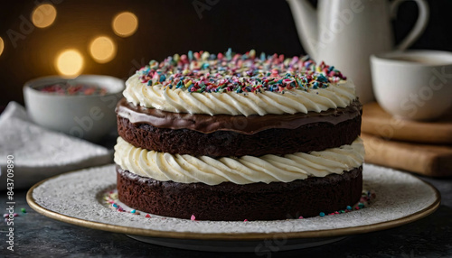 Wallpaper Mural Chocolate Cake with Creamy Frosting and Sprinkles on a White Plate Torontodigital.ca