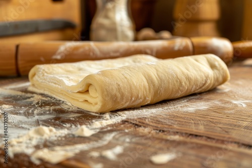 Roll of dough on a wooden table , puff pastry dough type, food background  photo