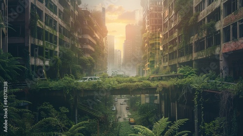 Highway bridge with abandoned city debris with green plants growing. Post apocalypse scene.