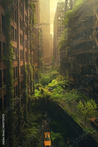 Highway bridge with abandoned city debris with green plants growing. Post apocalypse scene. © Joyce