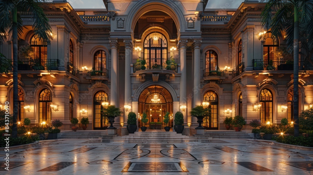 A Grand Architectural Masterpiece Illuminated at Dusk. Generative AI A Grand Architectural Masterpiece Illuminated at Dusk. Generative AI