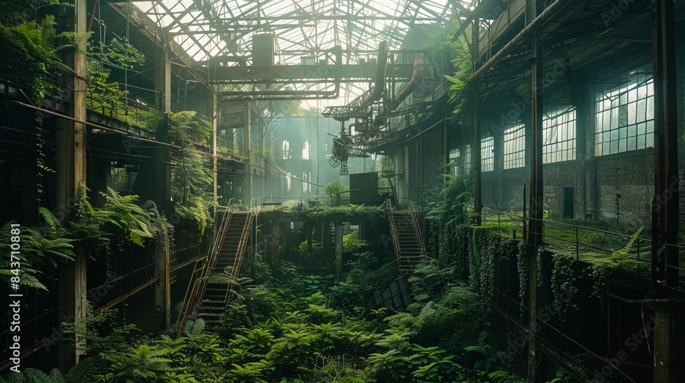 Abandoned factory plant debris with green plants growing. Post apocalypse scene. Abandoned factory plant debris with green plants growing. Post apocalypse scene.