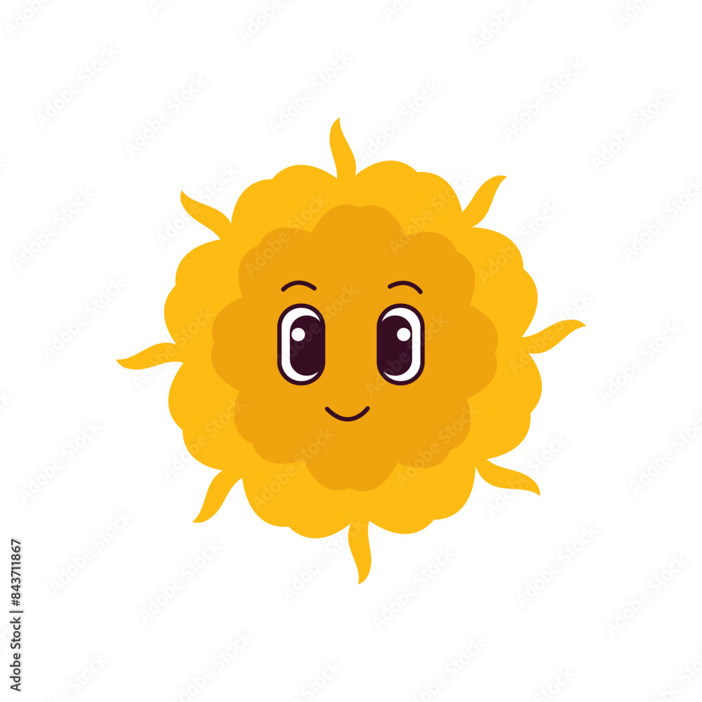 Cute yellow sun with face and curve rays flat vector illustration. Sun with sunbeams character isolated on white background.
Cute yellow sun with face and curve rays flat vector illustration. Sun with sunbeams character isolated on white background.