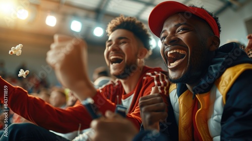 Football frenzy: fans enjoying a football match on the tv at home, show the camaraderie of sports enthusiasts bonding over live matches, beers, and popcorn. © Ruslan Batiuk